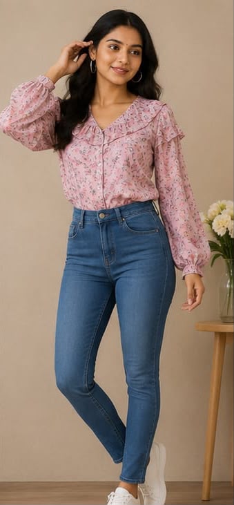 Women’s Pink Printed Top with Blue Jeans