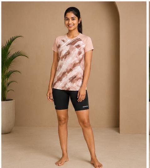 Women’s Peach Printed Top with Black Shorts
