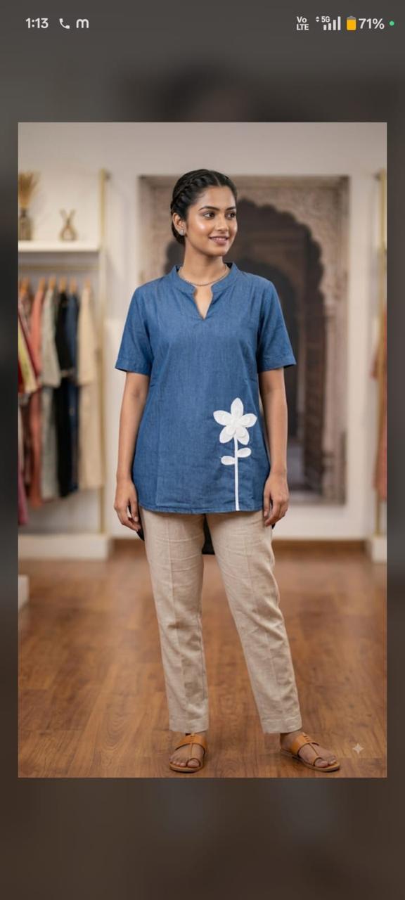 Women’s Blue Printed Kurta with Beige Pants